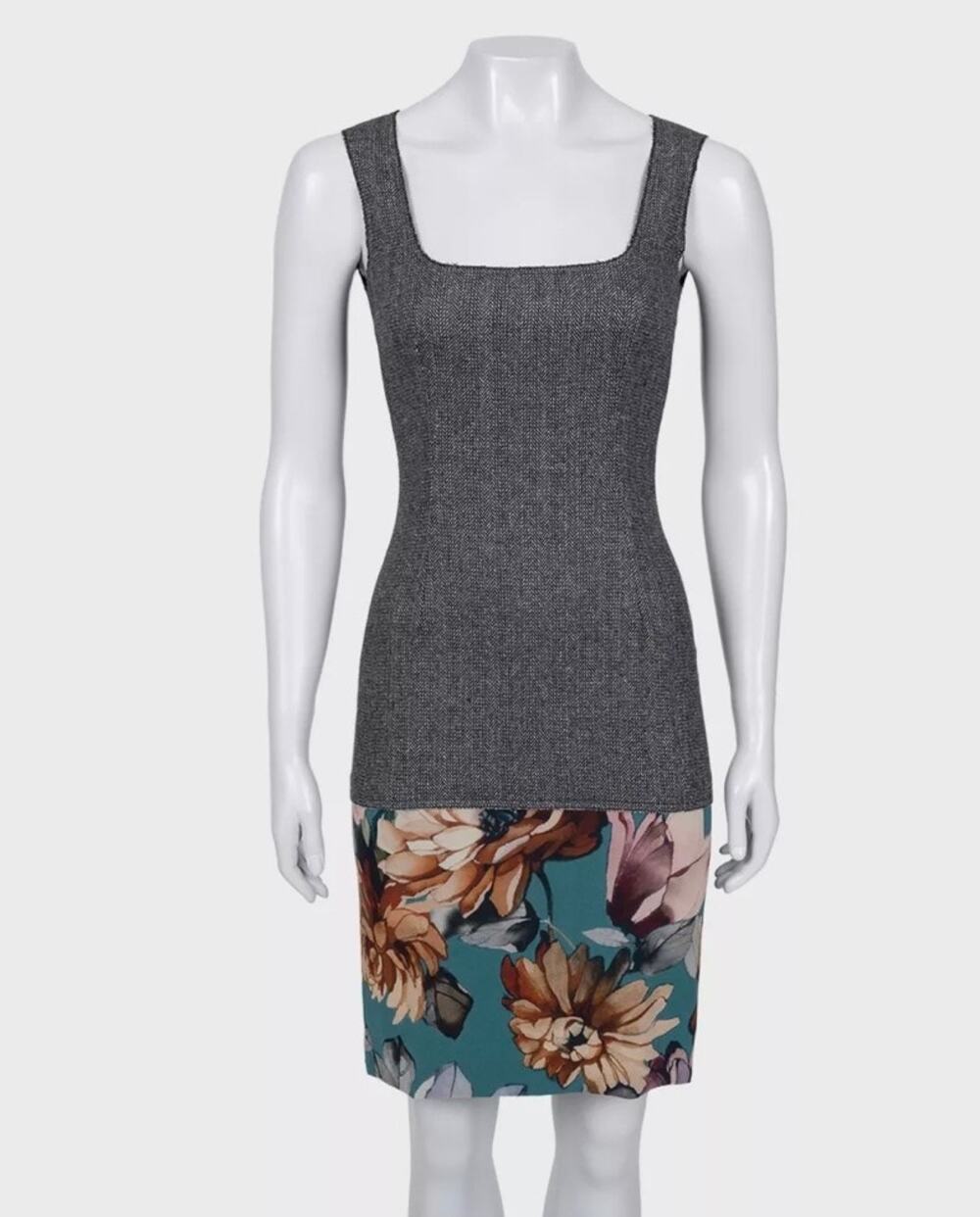 D&G Dolce & Gabbana Gray Silk Wool Floral Hem Dress 36/XXS